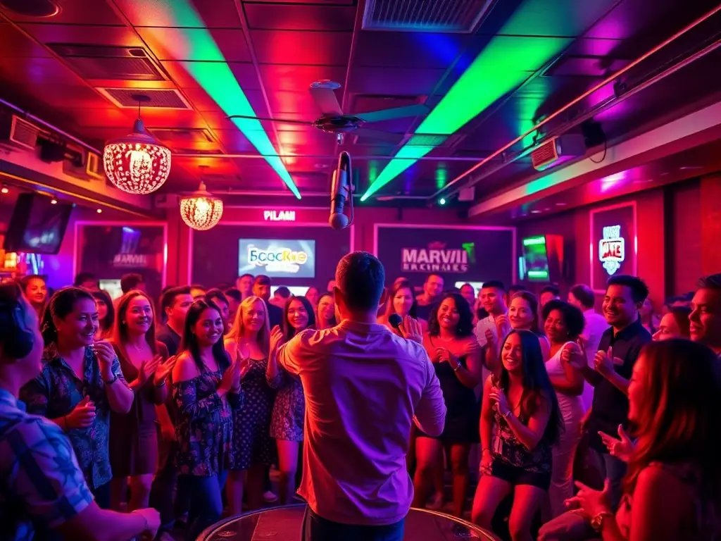 A vibrant karaoke bar interior with colorful lights, a singer on stage, and a cheering crowd in Miami.