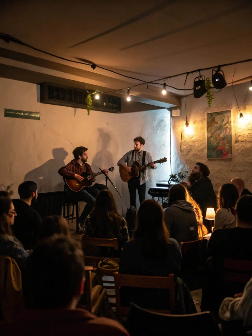 A vibrant scene from an open mic night at Karaoke in Miami, featuring a singer on stage with a live band and an enthusiastic audience.