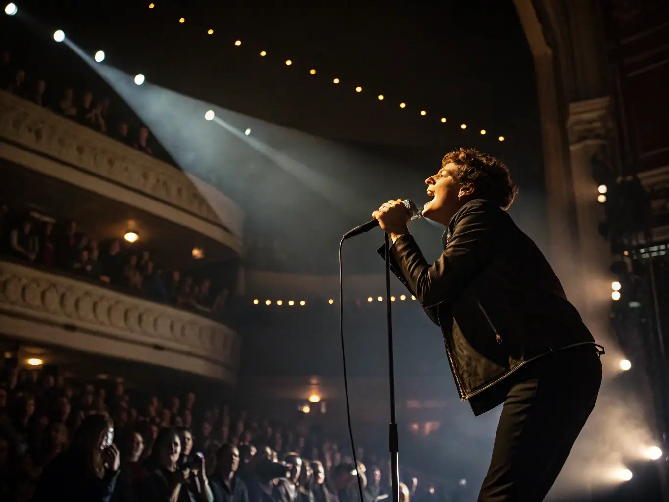 A vibrant open mic night scene with a spotlight on a singer performing on stage, backed by a live band and cheered on by an enthusiastic audience.