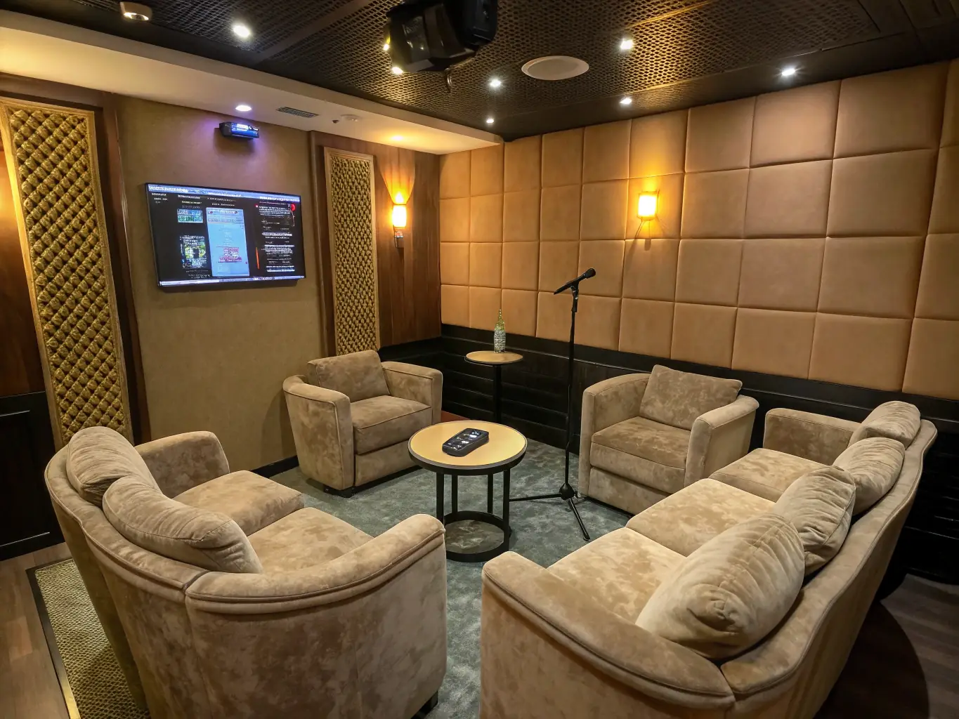 A modern and stylish karaoke room with comfortable seating, large screens displaying lyrics, and high-quality sound equipment at a karaoke venue in Miami.