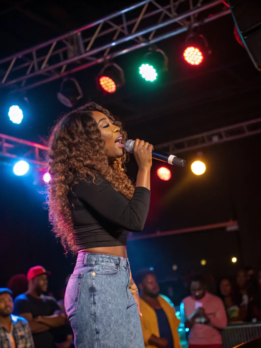 A vibrant photo of the stage at Mickey Byrnes Irish Pub in Hollywood, Florida, with a singer holding a microphone and the audience cheering in the background. The lighting is warm and inviting.