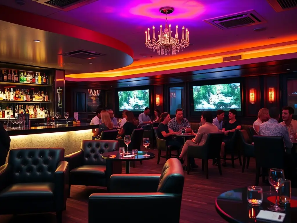 A cozy karaoke lounge with comfortable seating, dim lighting, and a relaxed vibe in Miami.