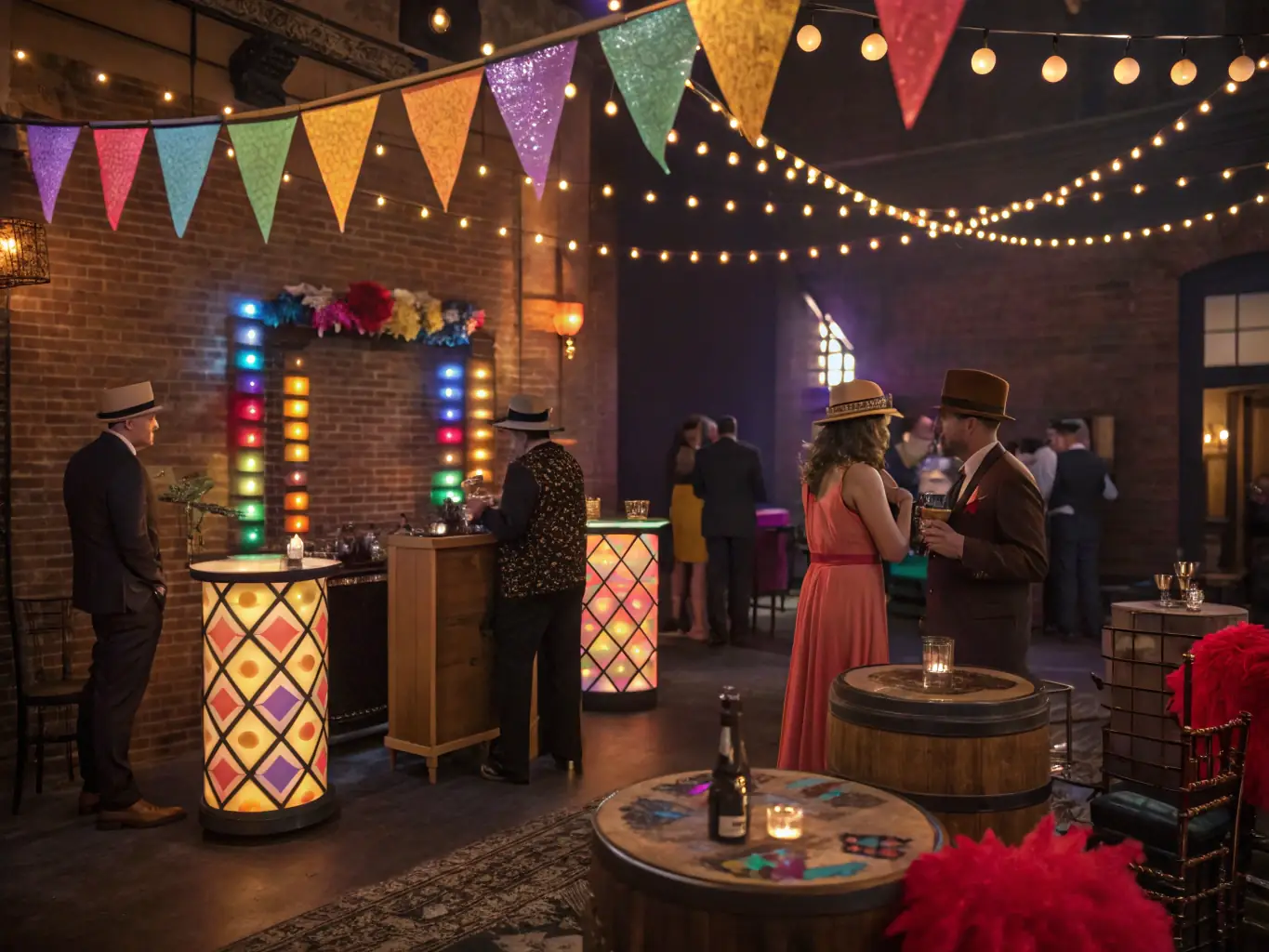 A beautifully decorated event space with guests singing karaoke, dancing, and celebrating a special occasion, such as a birthday party or corporate event.
