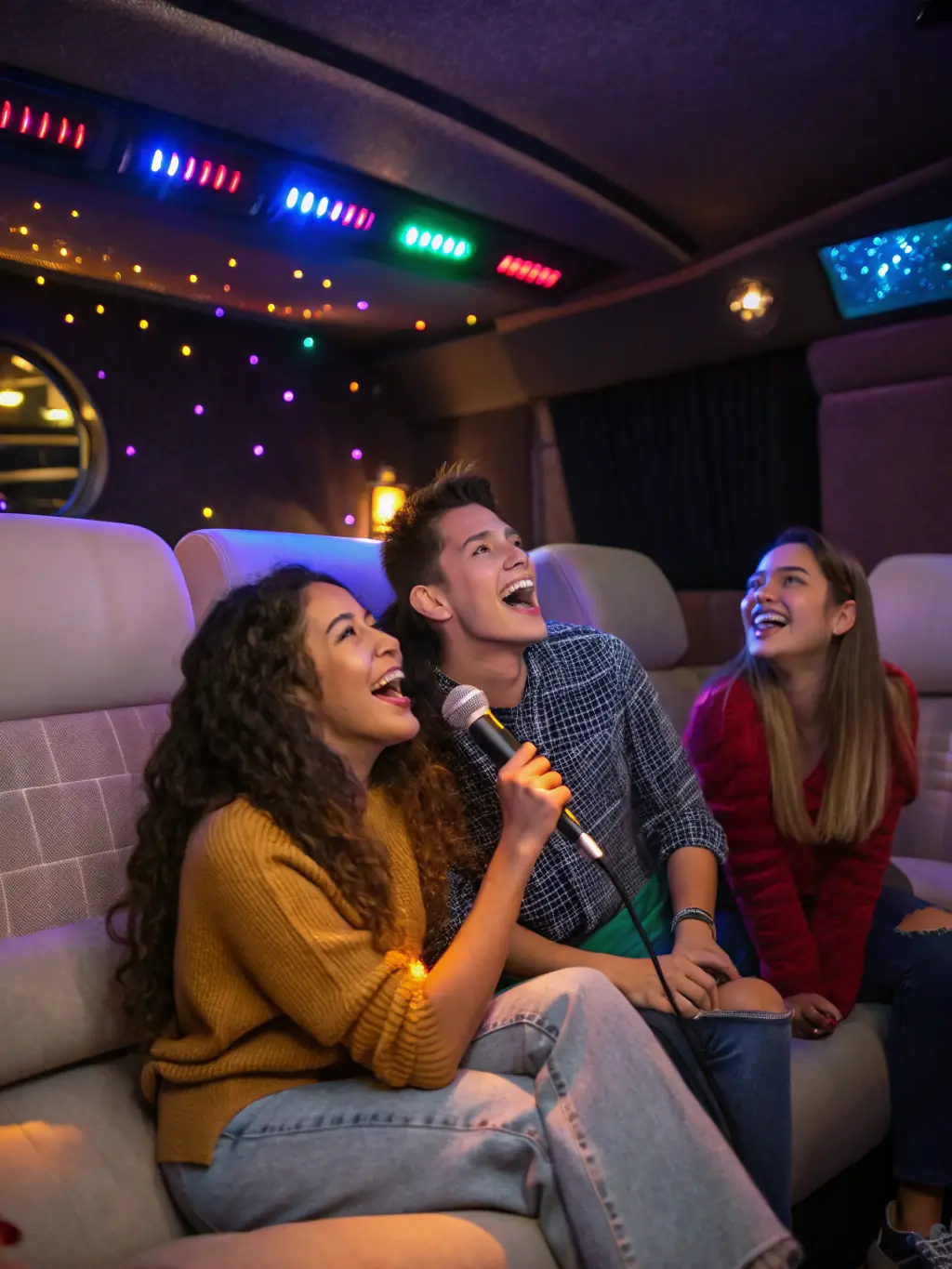 A group of friends laughing and singing in a private karaoke room at Karaoke in Miami, with colorful lighting and comfortable seating.