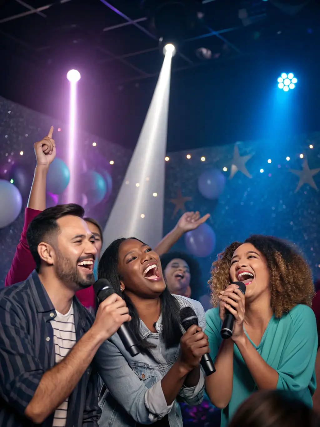 A lively image capturing the energetic karaoke scene at O'Malley's Sports Bar in Hollywood, Florida, featuring a singer belting out a tune while friends gather around tables.