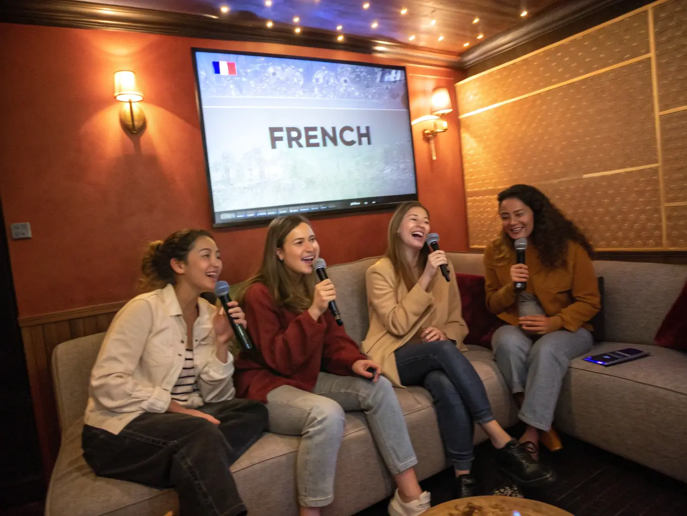 A cozy, well-lit private karaoke room with plush seating, a large screen displaying song lyrics, and a group of friends laughing and singing into microphones.