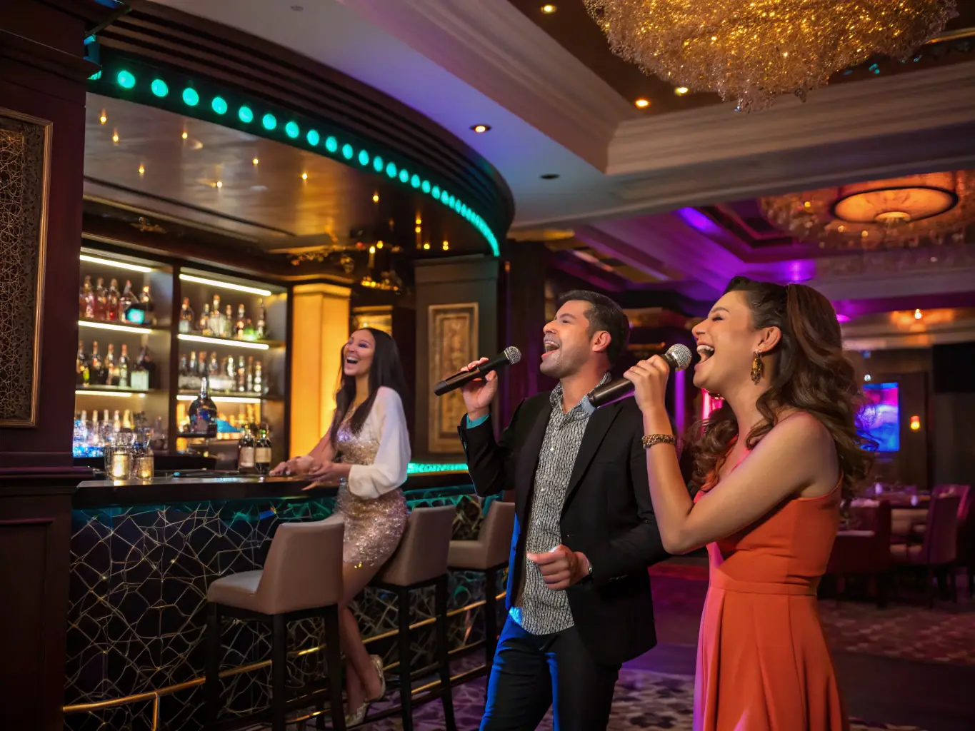 A vibrant image capturing the energy of an open stage karaoke night. A person is singing on stage with a microphone, backed by a live band and cheered on by a lively audience.