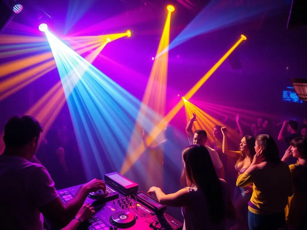 A high-energy karaoke club with a large dance floor, flashing lights, and a DJ spinning tunes in Miami.